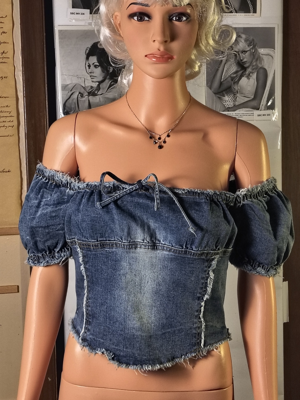 NWT Dolls Kill Generation Kiss Y2K Denim Off Shoulder Puff Sleeve Crop Top L